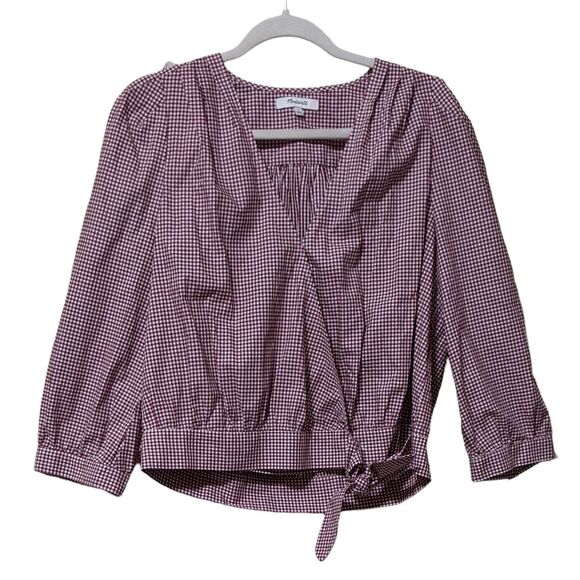 Madewell cropped Wrap Top in red white Gingham Check L - Picture 1 of 8